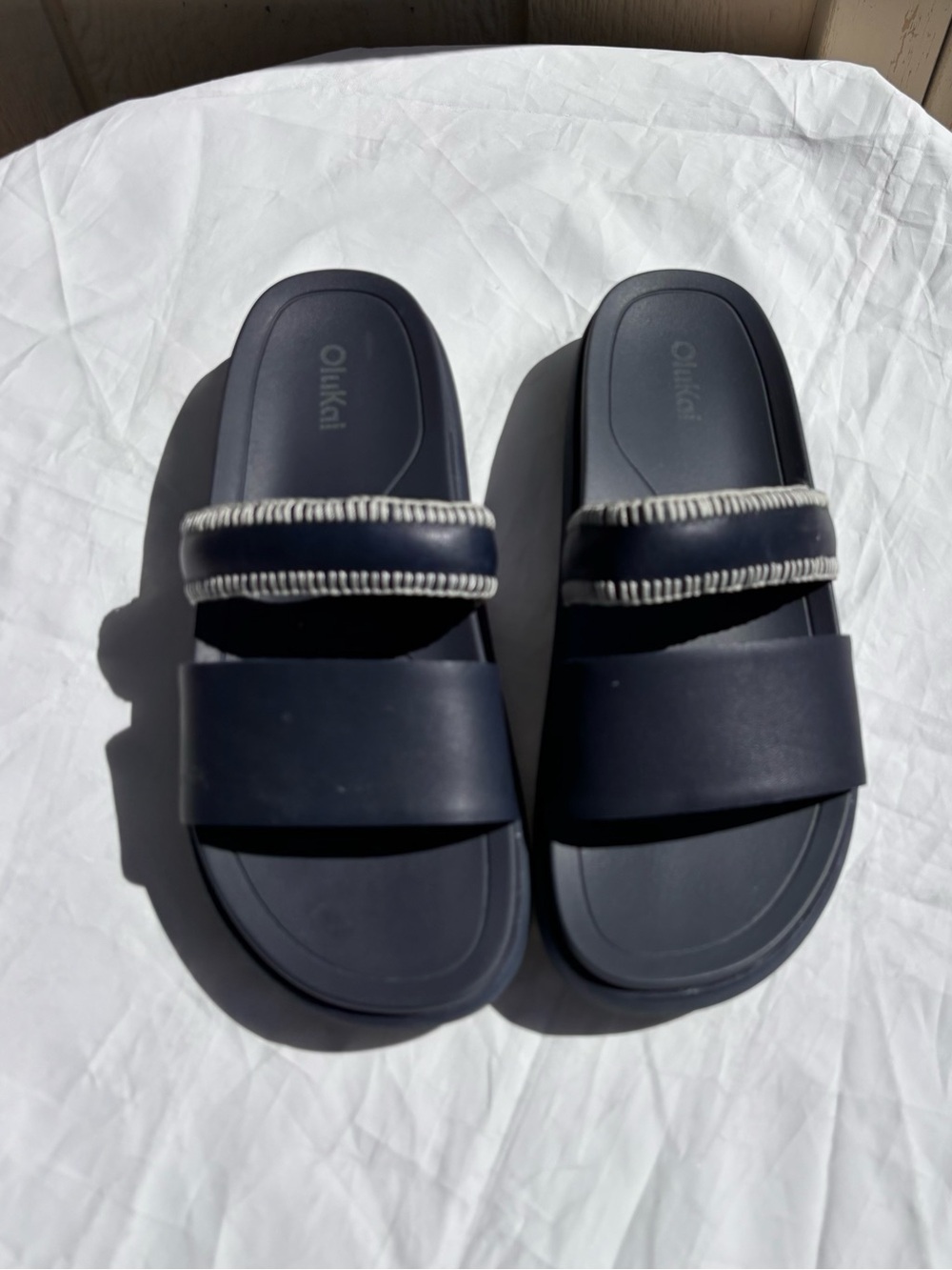 OluKai Navy Dual-Strap Slide Sandals with Contrast Trim